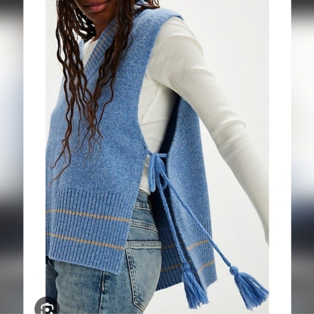 Free People Blue V-Neck All-star Poncho Iversized Vest with Tassels